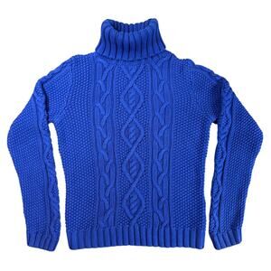 LRL Lauren Ralph Sweater M Blue Chunky Cable Knit Turtleneck Old Money Preppy
